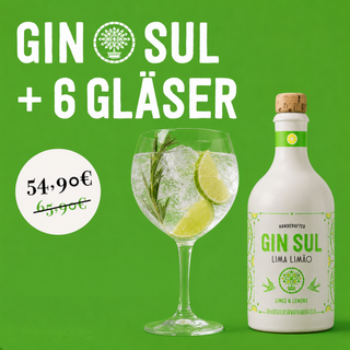 Gin Sul Lima Limão Bundle-Angebot: Flasche neben gefülltem Copo-Glas mit Limette und Rosmarin, Aktionspreis 54,90 € statt 65,90 €, „+ 6 Gläser“ auf grünem Hintergrund
