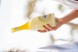 Gin Sul Limão Fizz Flasche wird schräg in der Hand gehalten – Lifestyle-Foto im Freien