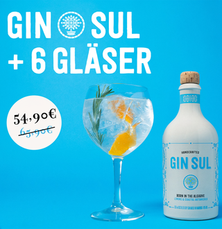 Gin Sul Bundle-Angebot „+ 6 Gläser“: drei Flaschen neben gefülltem Copo-Glas mit Orange und Rosmarin, Aktionspreis 54,90 € statt 65,90 €, Button „Jetzt bestellen“ auf hellem Hintergrund