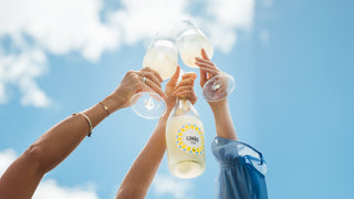Drei Hände stoßen mit Limão Fizz Sektflasche und Gläsern vor blauem Himmel an